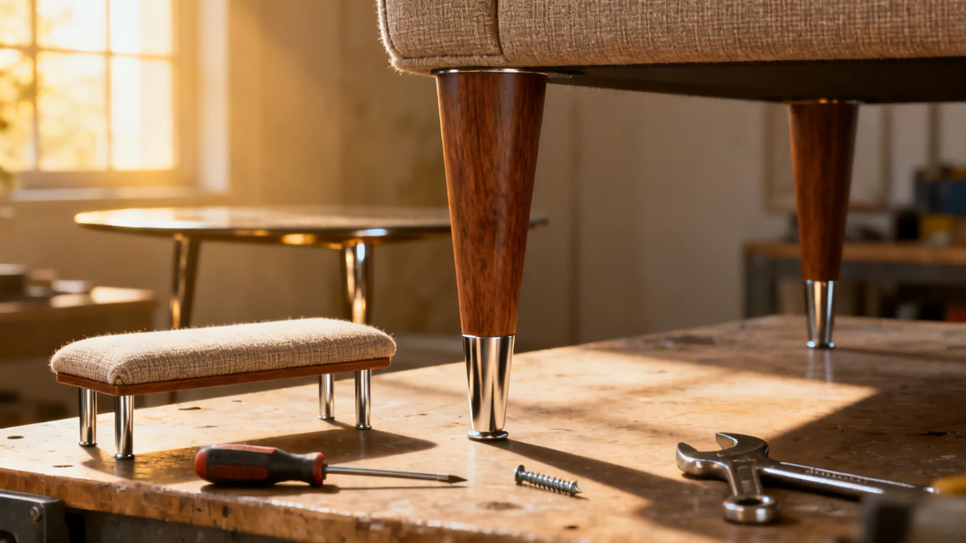 Close-up of swapping sofa legs with wooden and metal leg options and small bench cushion.