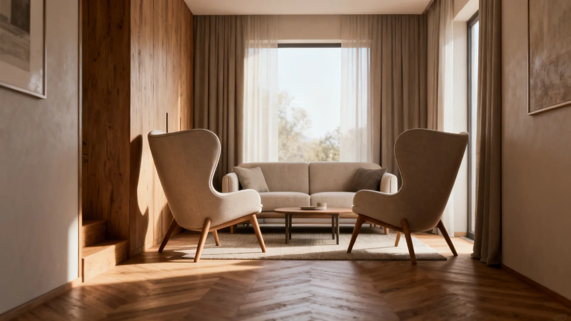 Compact loveseat flanked by two slim accent chairs creating flexible seating and clear circulation.