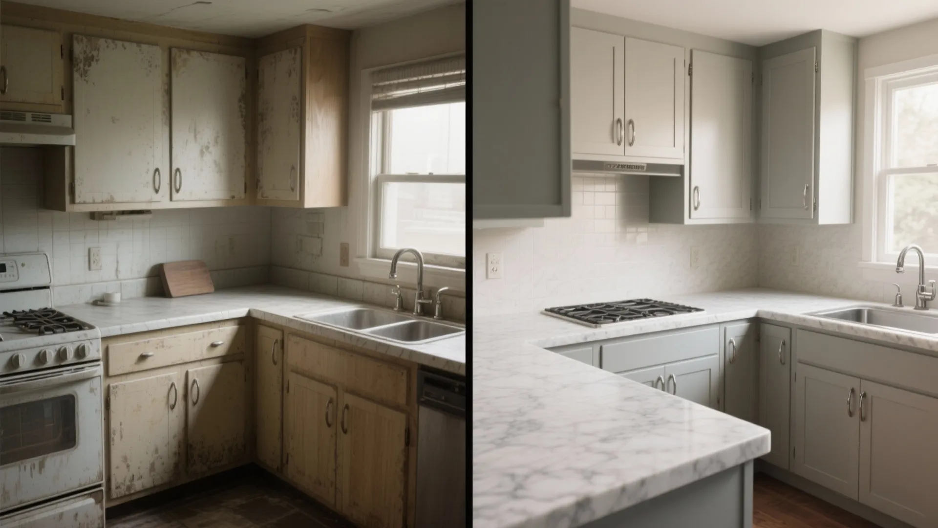 Before and after comparison of an old wooden kitchen versus a renovated modern grey kitchen design
