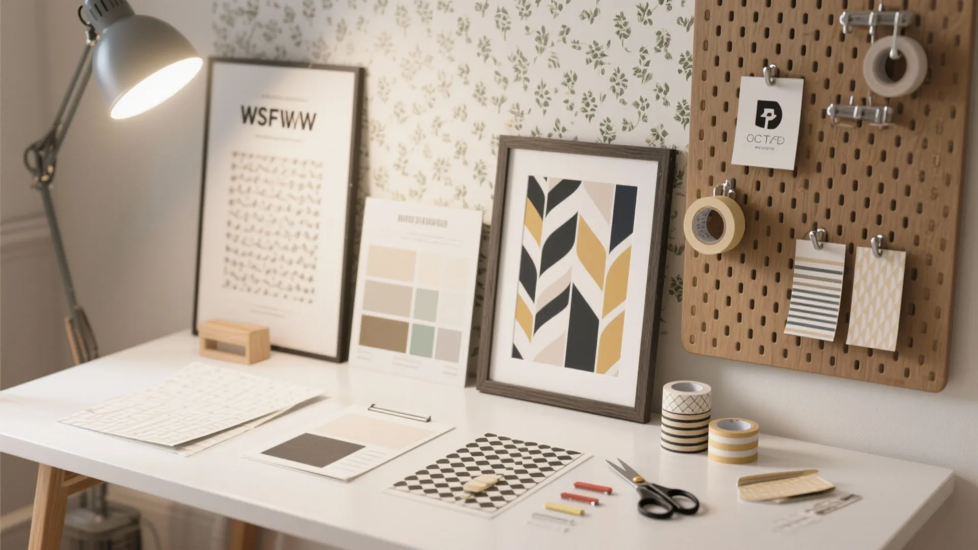 Desk with mood board, picture frames, pegboard, washi tape, scissors, and a grey table lamp