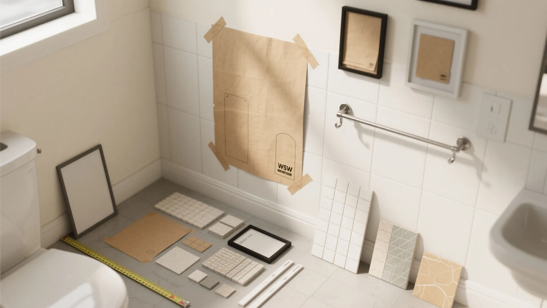 Bathroom renovation planning with wall tiles and paper mockup and interior design tools on floor