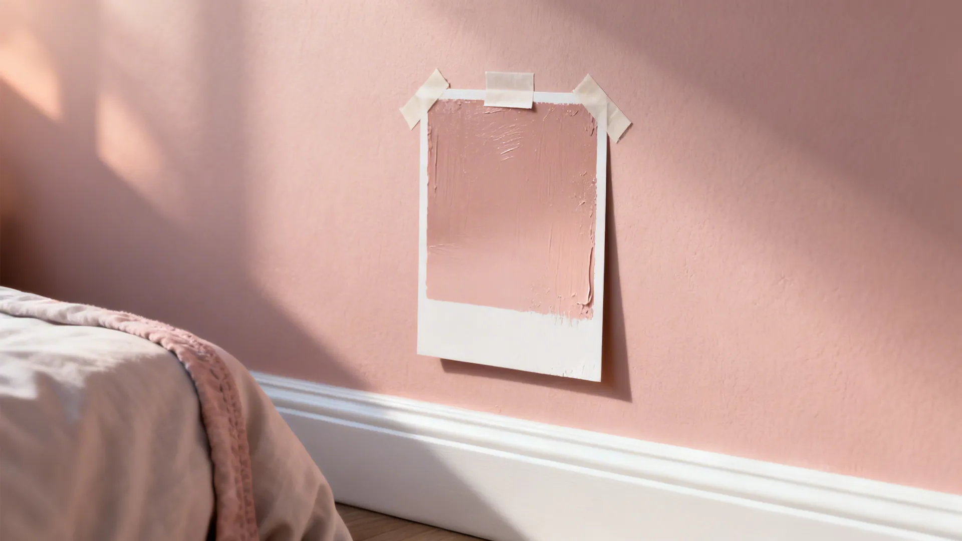 Close-up of a 1x1ft paint swatch on a blush wall beside crisp white trim and linen bedding.