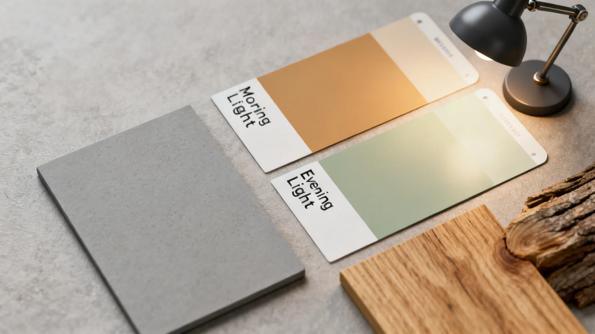 Paint and material swatches comparing warm and cool sage against neutral grey and oak samples.