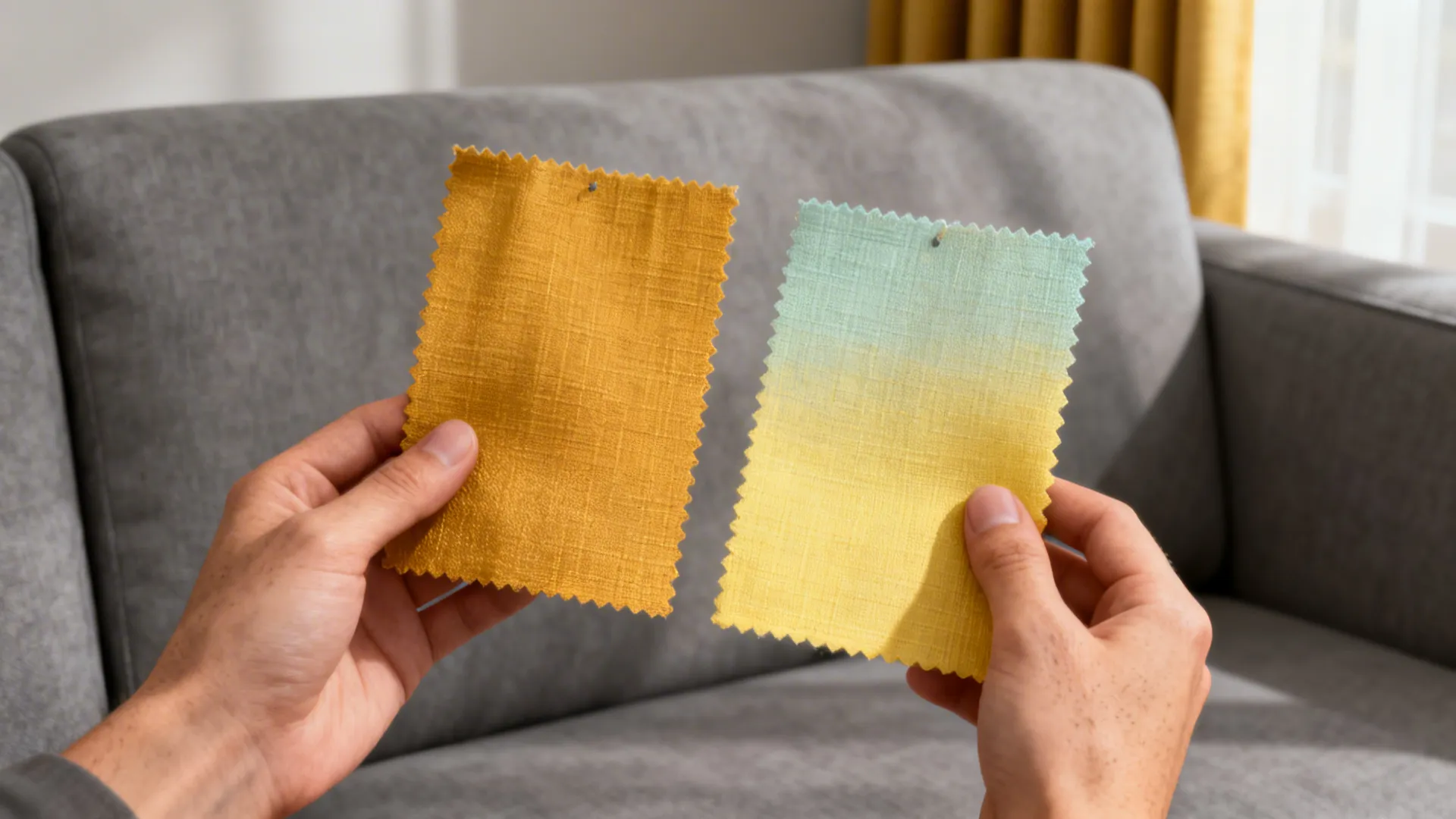 Hands holding mustard and lemon swatches against a gray sofa to compare yellow tones.