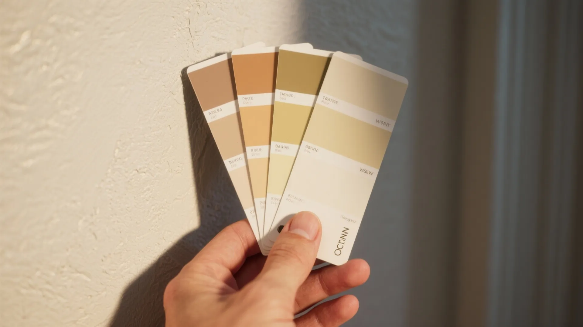 Macro shot of cream paint swatches against a wall showing undertones under different light.