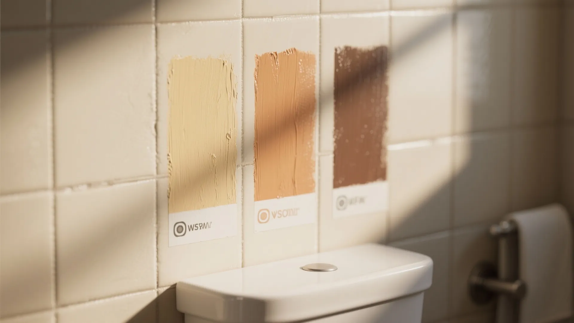 Three paint swatches applied to beige bathroom wall tiles above a white toilet tank indoors