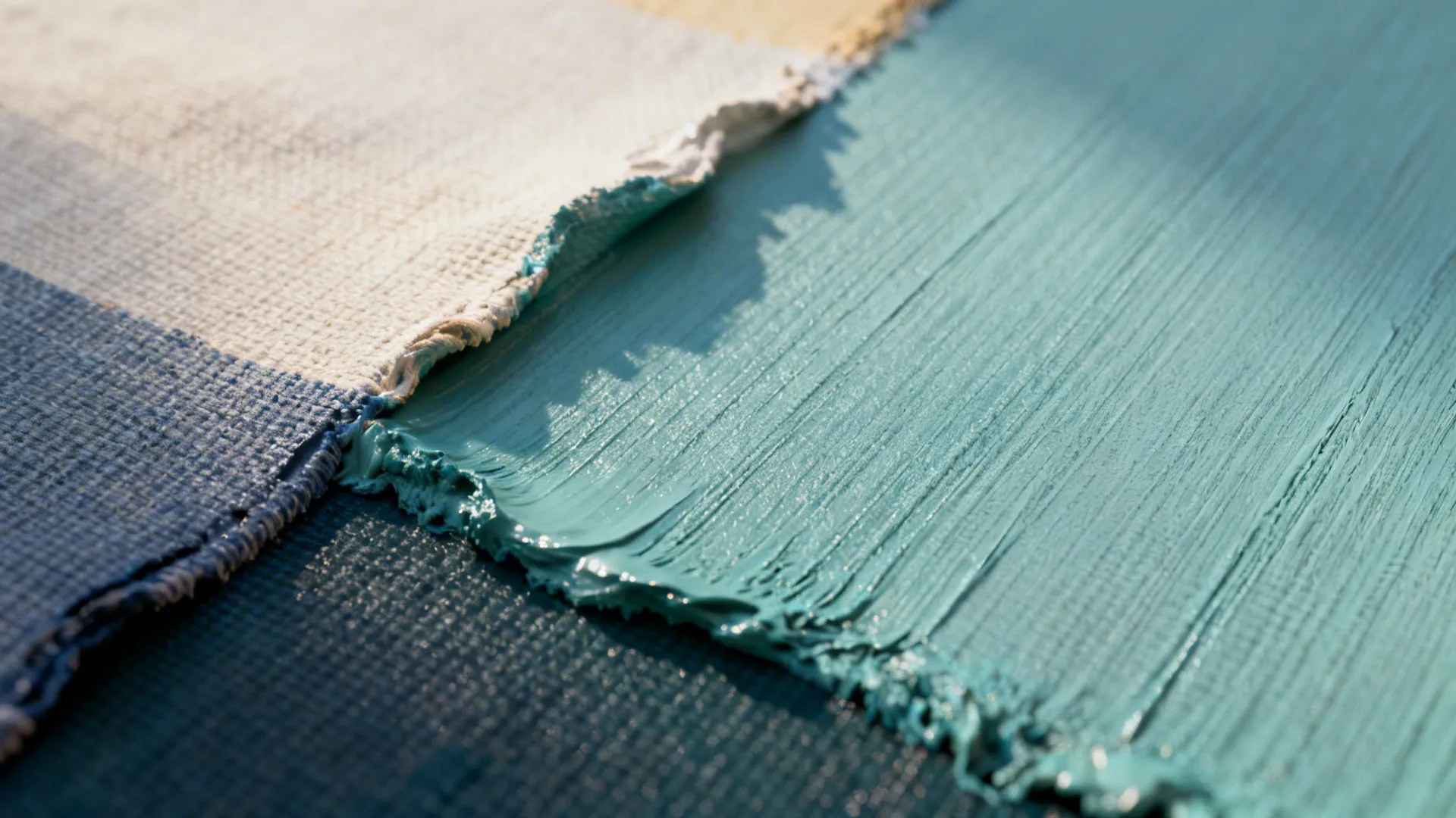 Close up of blue paint applied to textured white and dark blue fabric in sunlight