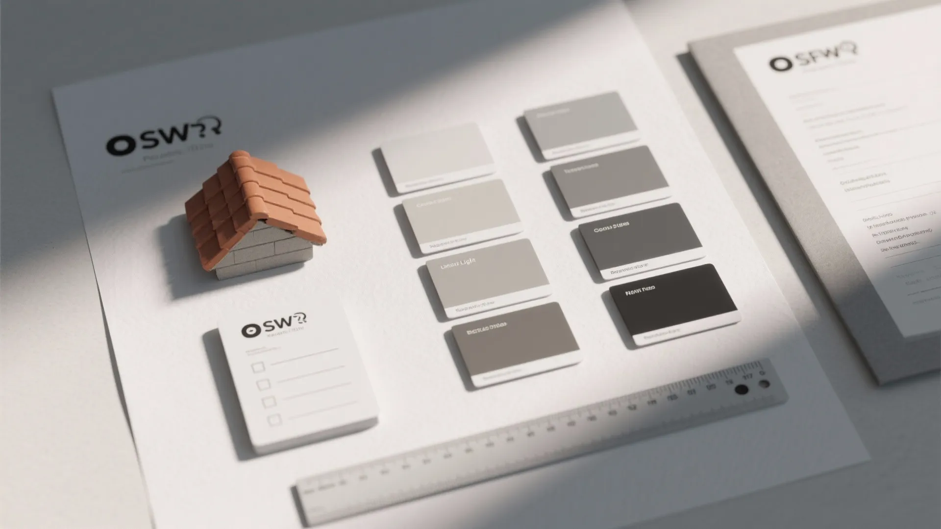 Table with a small house model, color cards, a ruler, and a simple paper notepad