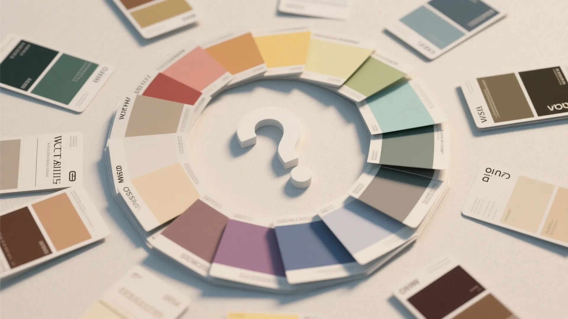 A circle of many colorful paint swatches with a white question mark in the center