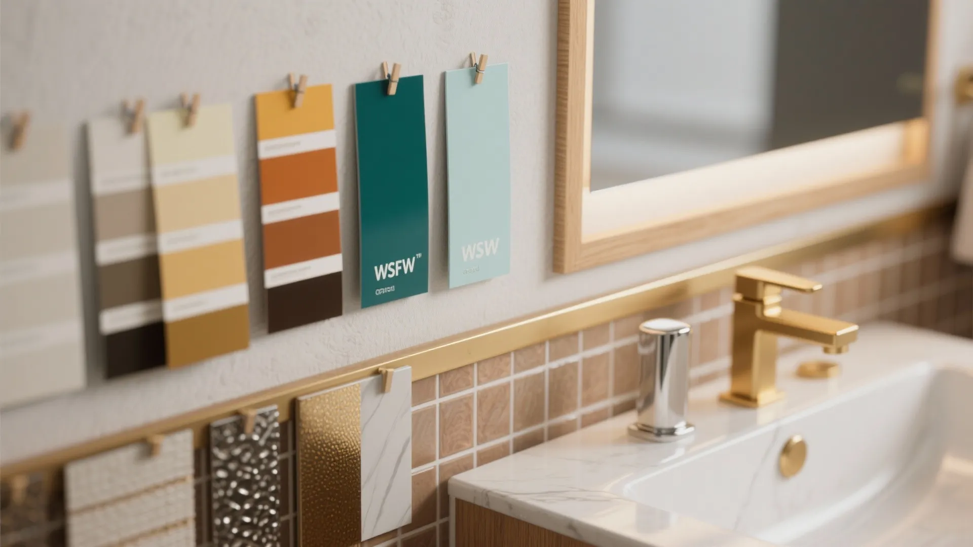 Various color swatches hanging above a bathroom sink with gold faucet and brown wall tiles