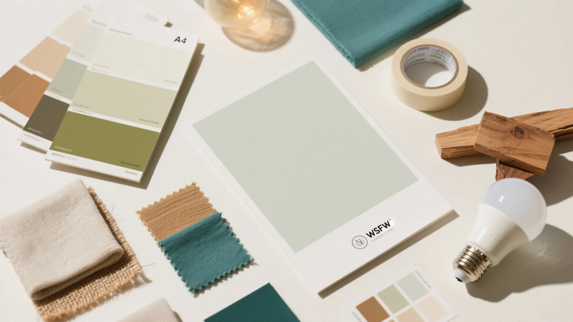 Interior design mood board with color swatches fabric samples wood pieces and a light bulb