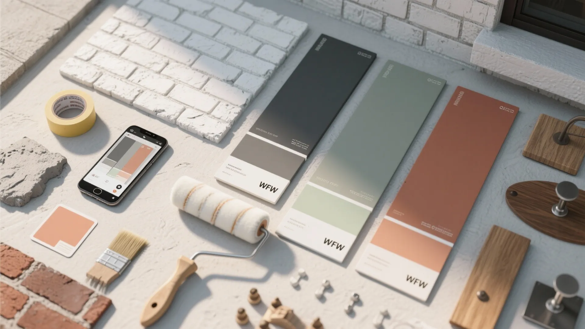 Interior design planning flatlay with paint color swatches paint roller brush and mobile phone app