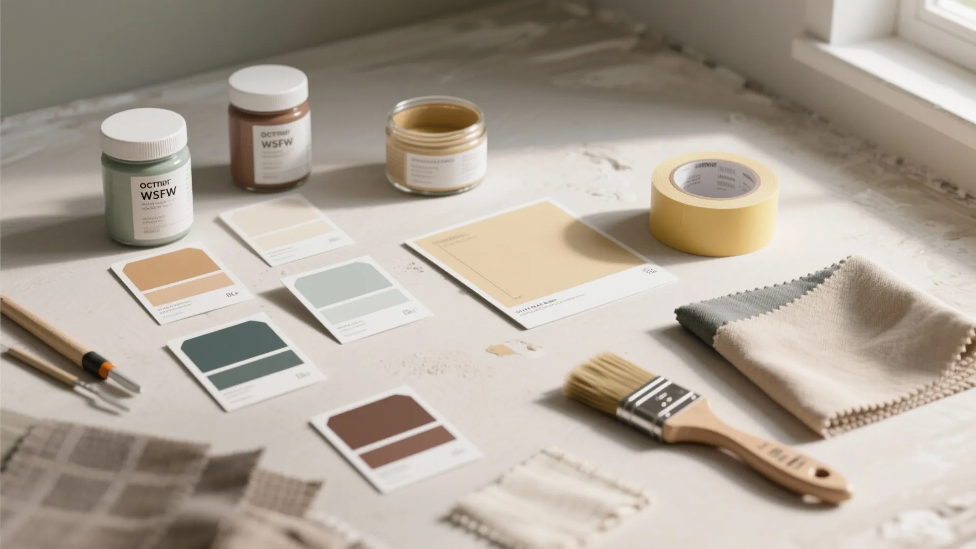 Top-down flatlay of paint sample cards, jars, brush and fabric swatches used to test wall and ceiling color choices.