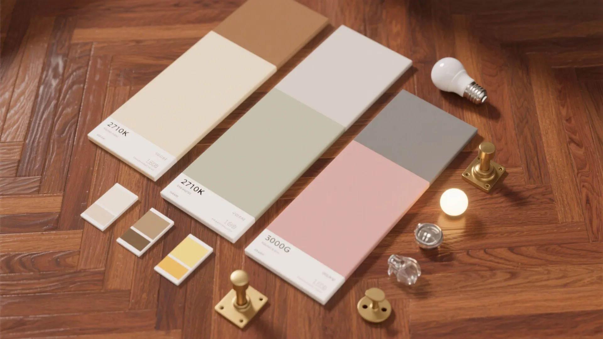Flat lay of color swatches and gold handles on a wooden floor for interior design