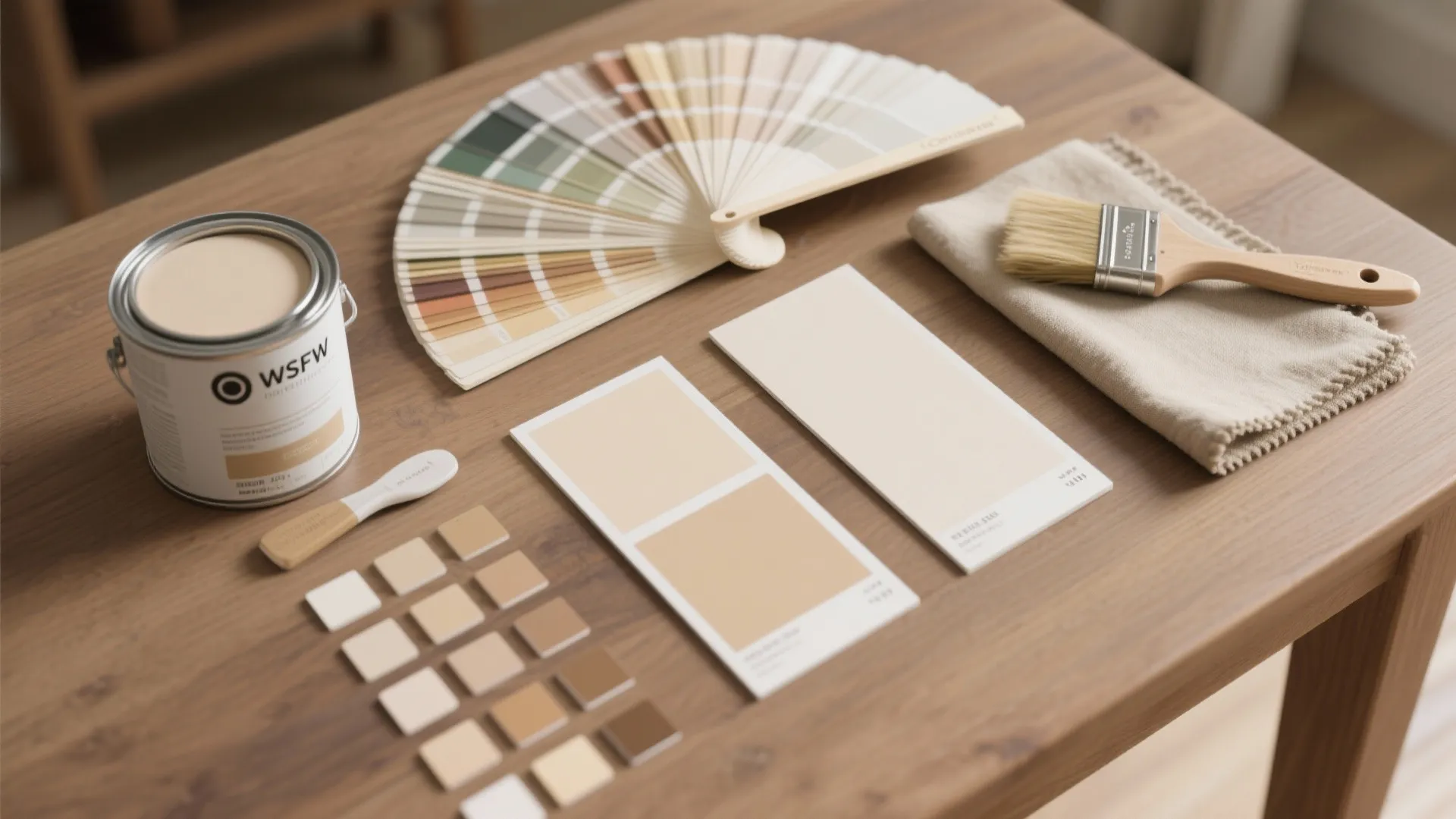 Wooden table with paint can color fan deck brush fabric sample and several beige swatches