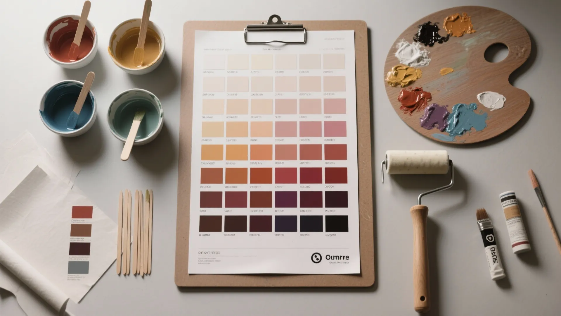 Top-down flatlay of poster board ombre swatches, paint mixes, rollers and mixing bowls for testing gradients.