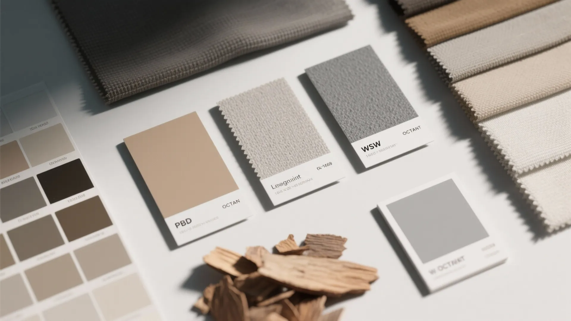 Material color swatches and fabric samples layout on a white surface with wood chips accents