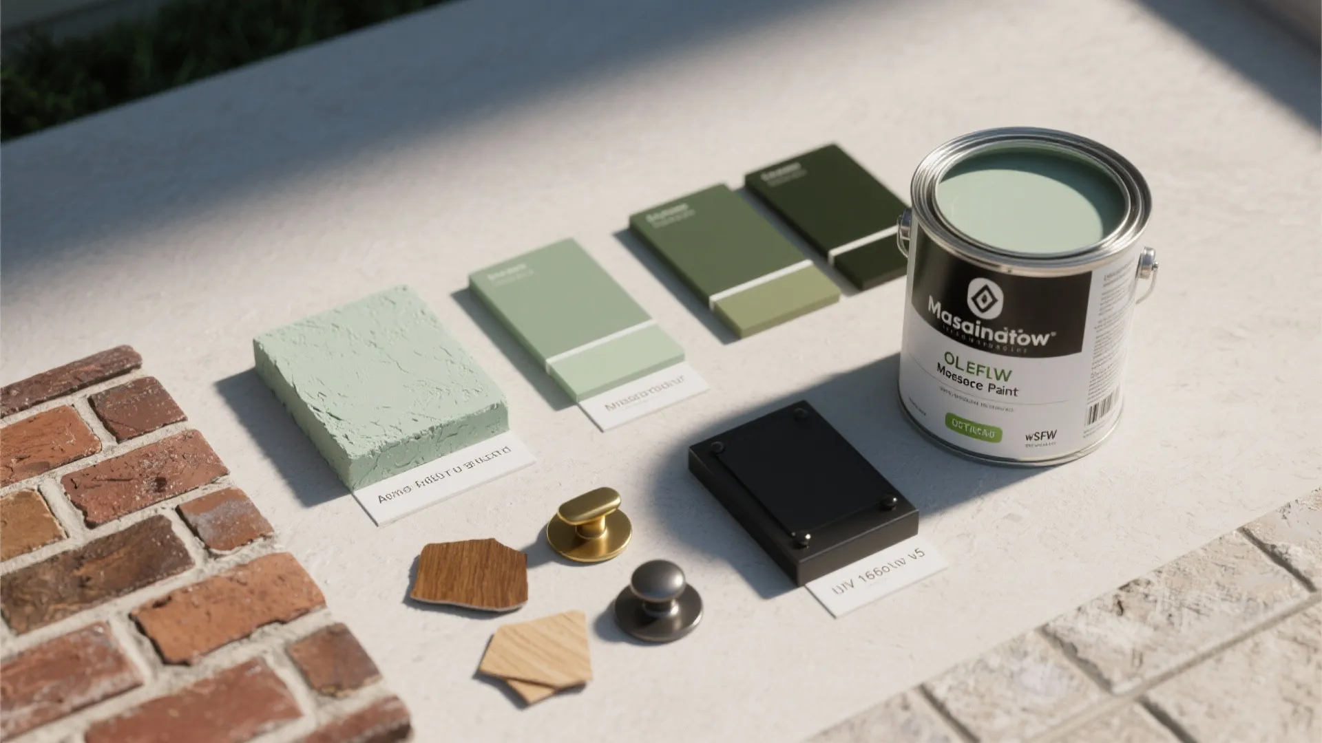 Home renovation material samples including green paint can color swatches small wood pieces and metal knobs