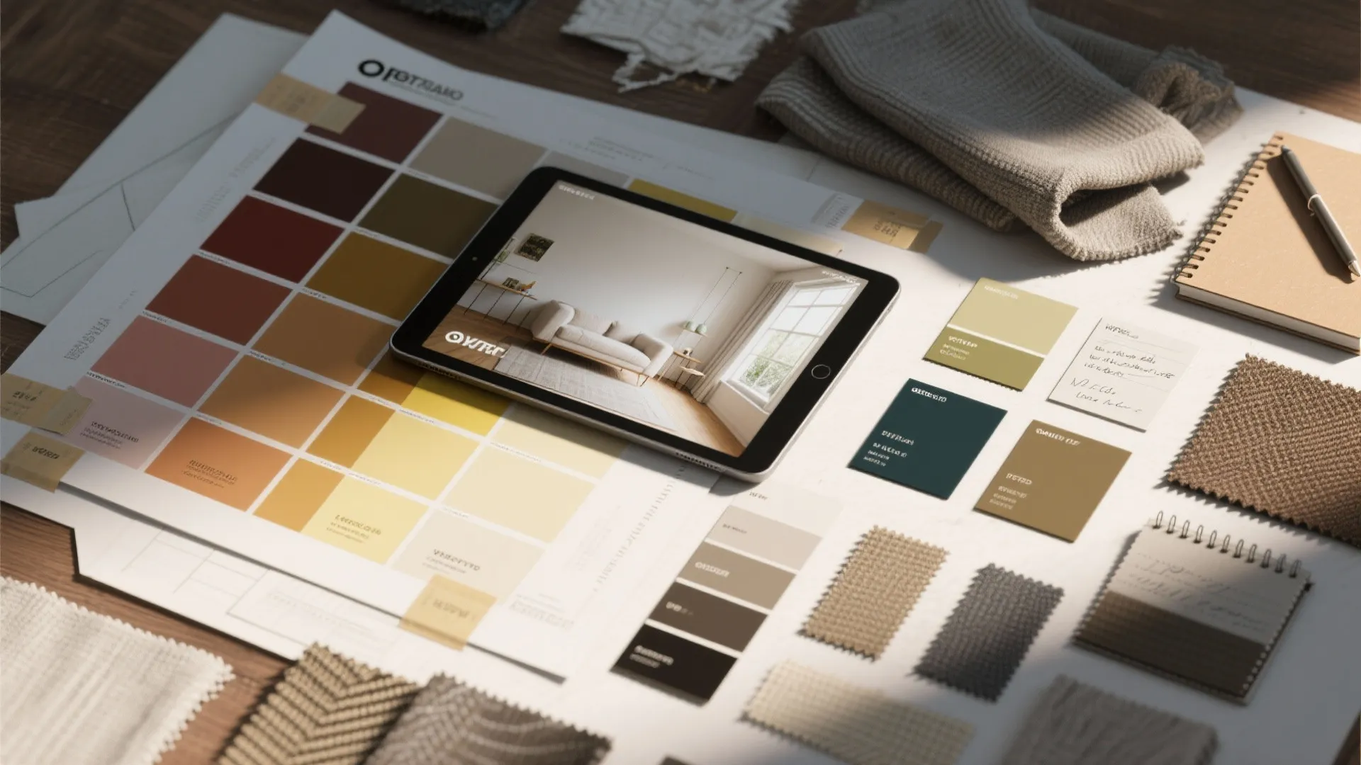 Top-down flatlay of full-size paint swatches, fabric samples, and a tablet mockup for testing color combos.