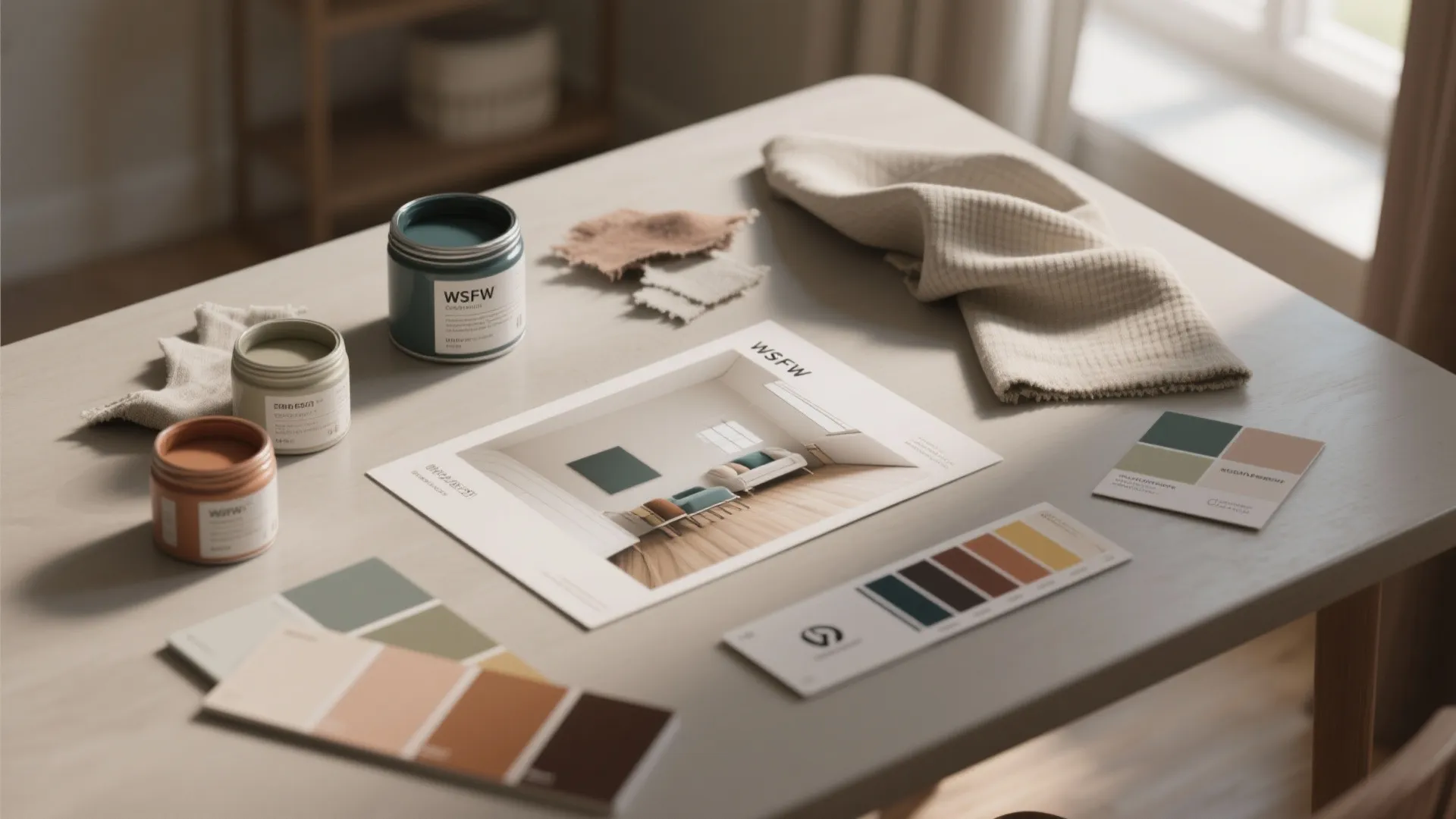 Modern interior design mood board with paint cans color swatches fabric samples and room drawing
