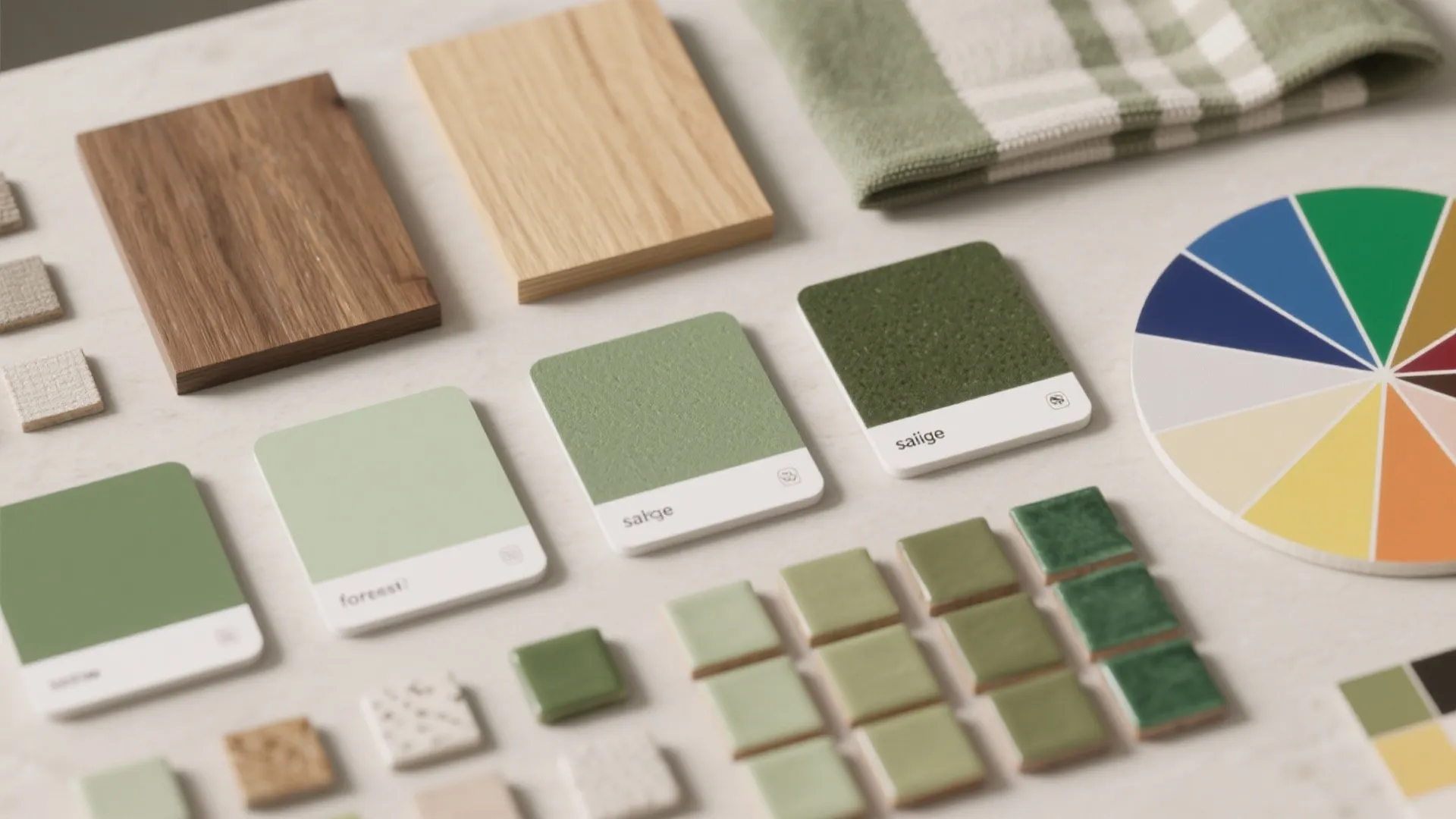Top-down flatlay of paint swatches, wood and fabric samples, and tile chips labeled with green family names for color selection guidance.