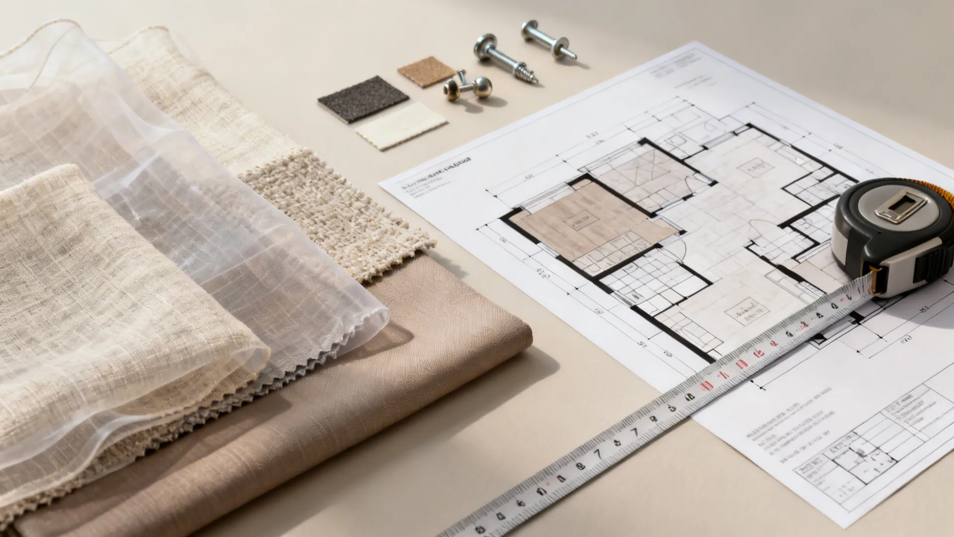 Flatlay of semi-sheer fabric swatches, hardware samples, measuring tape, and floor plan