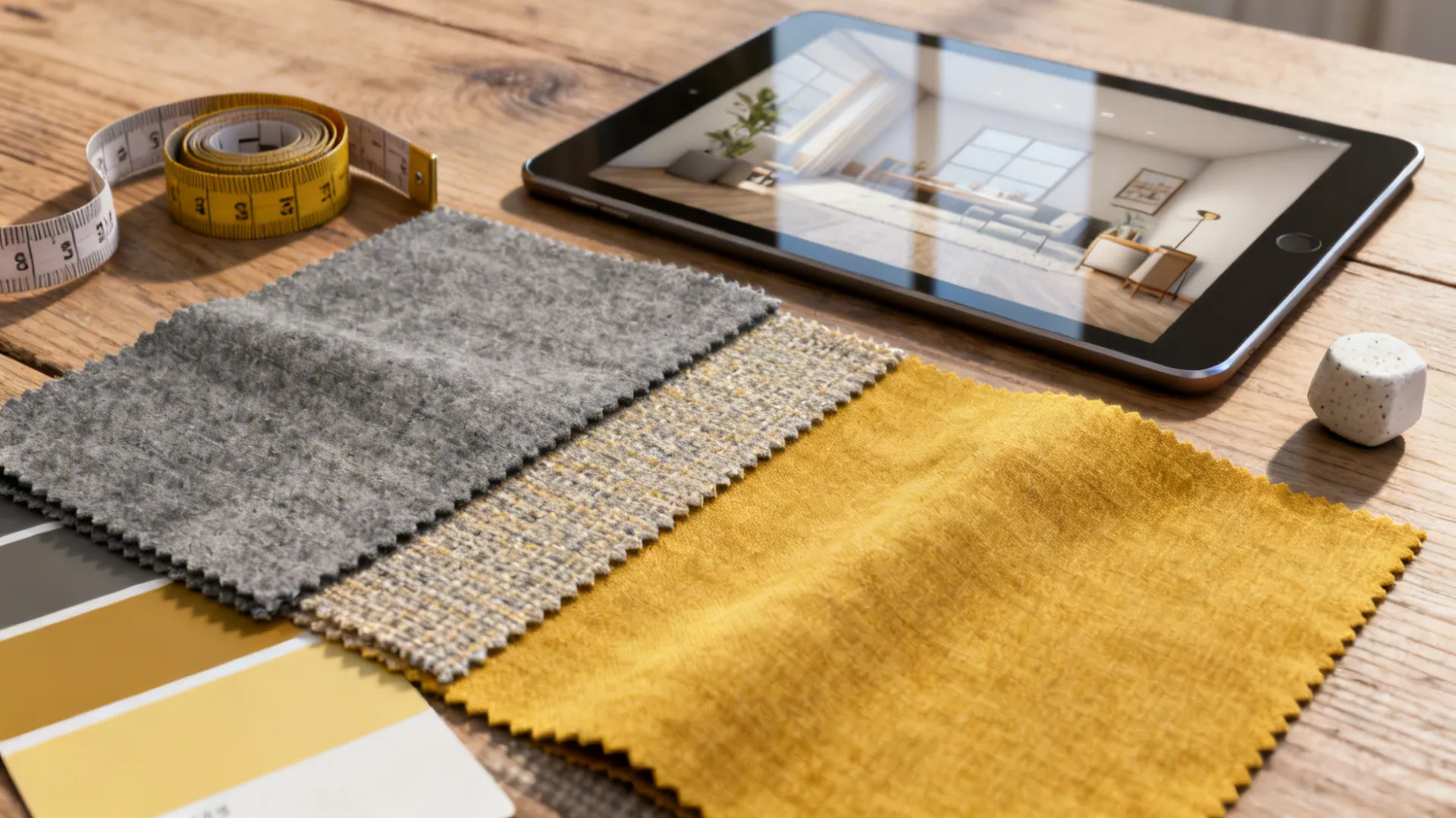 Flatlay of grey and yellow curtain swatches, paint chips, measuring tape and a tablet with a room mockup.