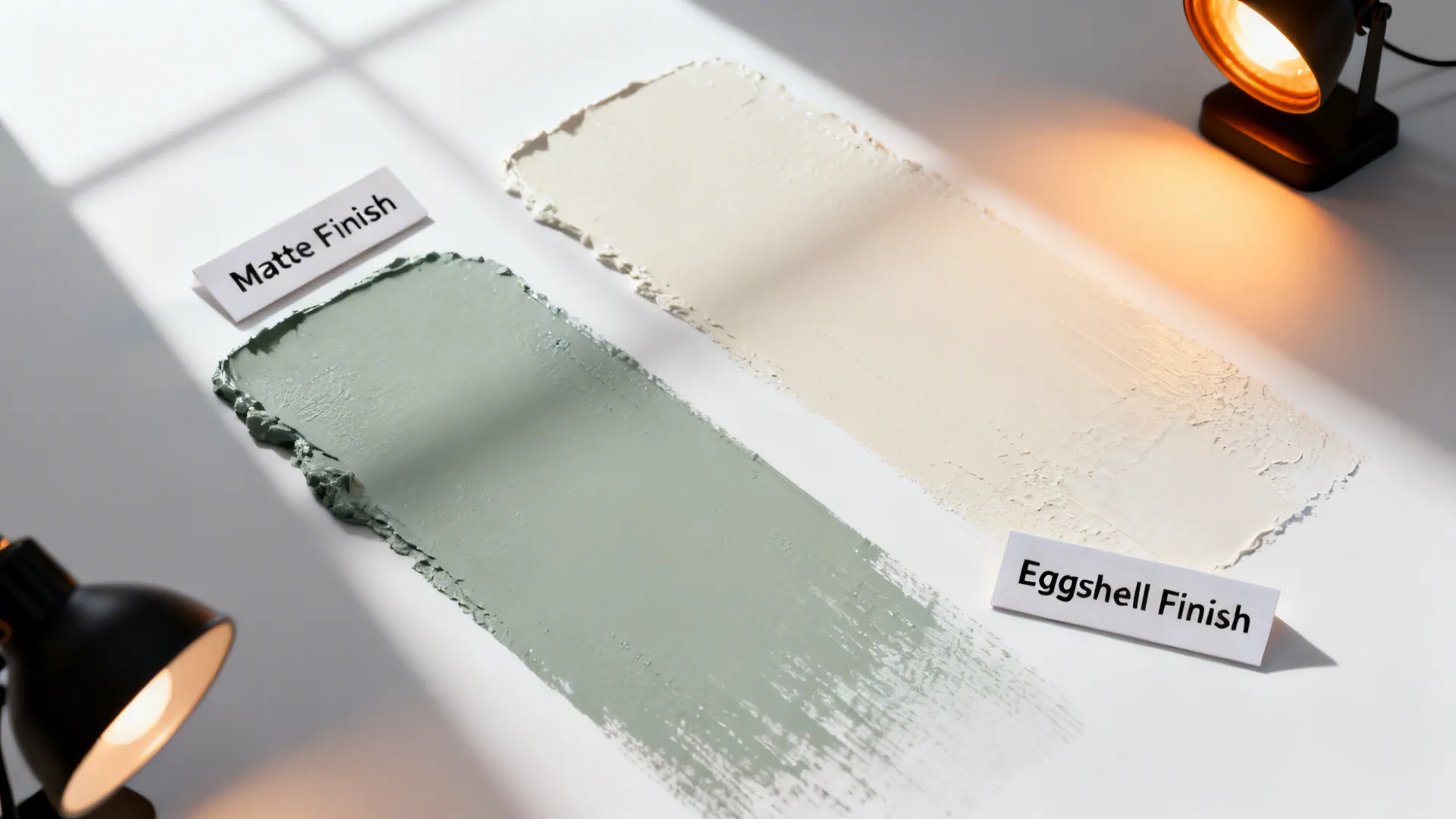 Flatlay of matte and eggshell paint swatches shown under multiple light sources