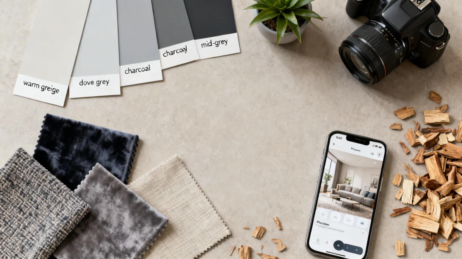 Flatlay of paint swatches, fabric samples and a smartphone with a room planner for testing greys.