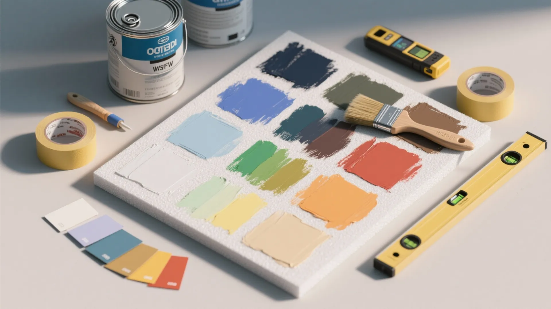 Various paint color swatches on foam board with paint cans brushes and tools on table