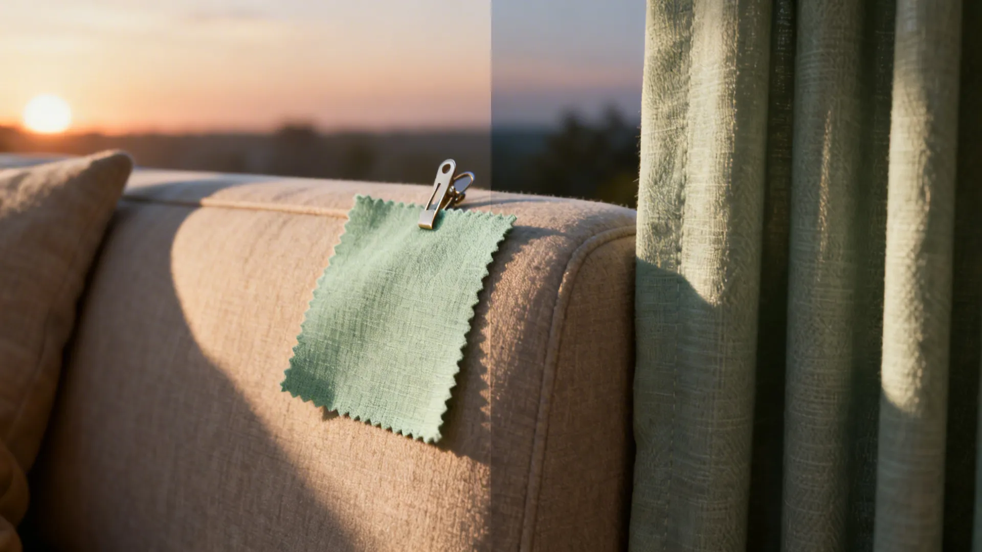 Green fabric swatch on sofa showing color difference between warm sunset light and indoor shadow