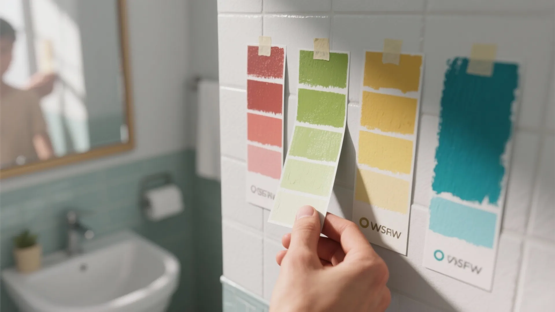 Hand holding colorful paint swatches against white tiled bathroom wall near sink and a mirror