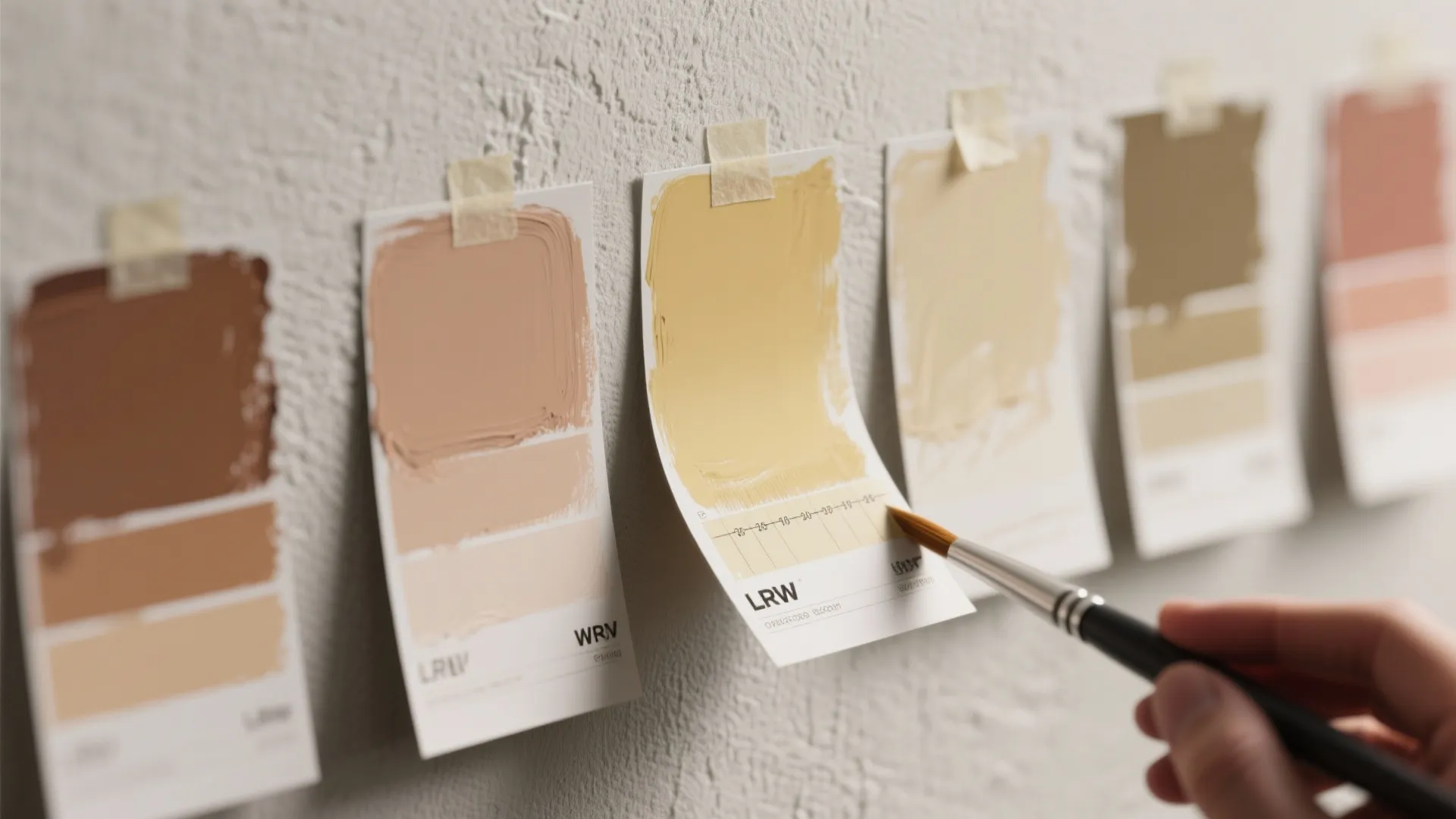 Close-up of paint swatches on a wall showing subtle gray undertones and an LRV chart.