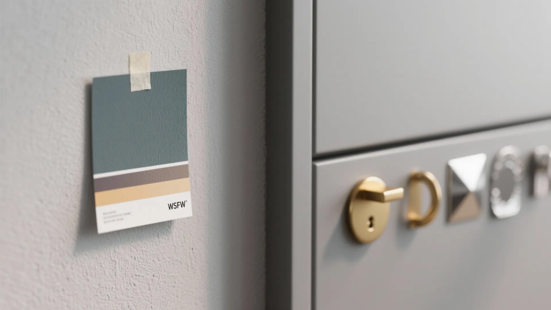 Close-up of paint swatch on wall next to gray cabinet showing undertones with metal samples.