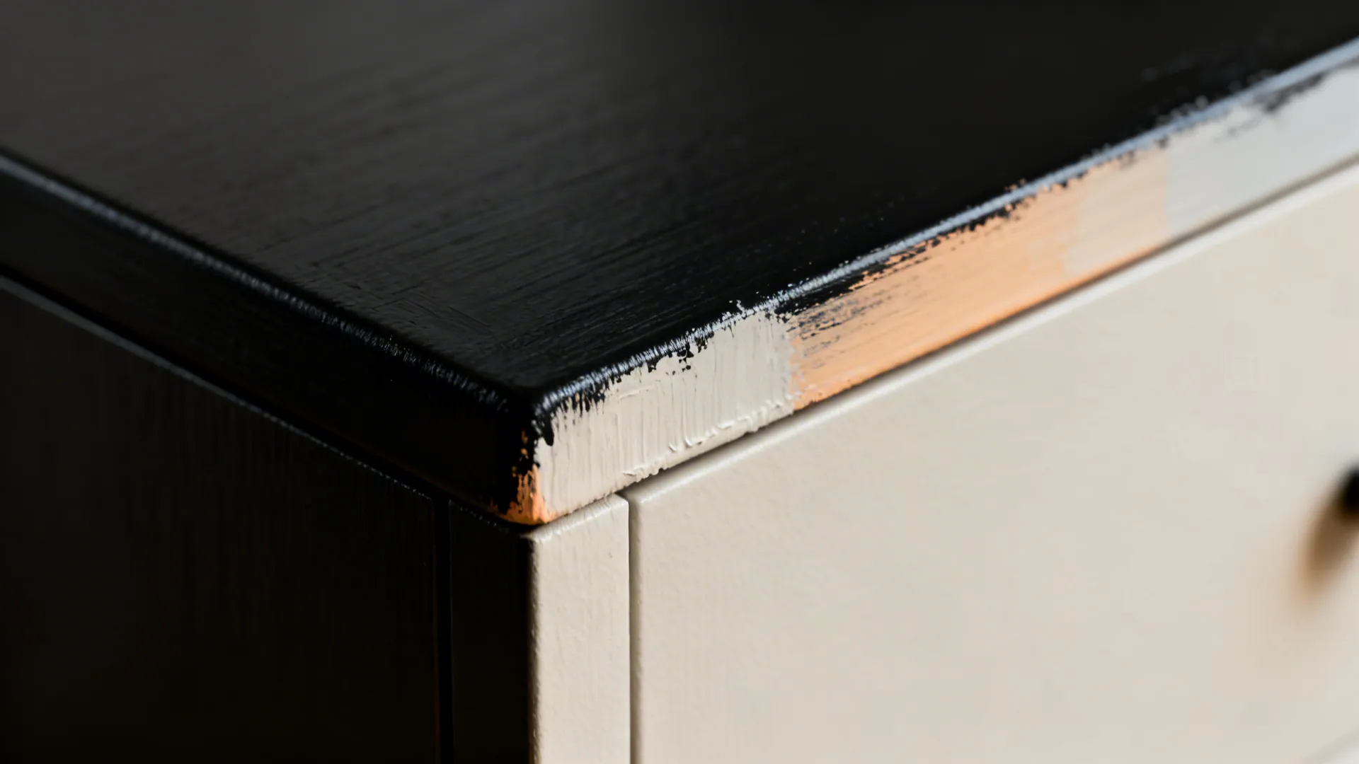 Macro close-up of paint swatches next to black furniture showing undertone shifts and finishes