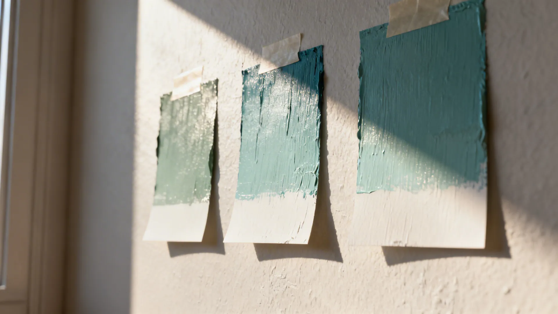Macro view of three paint swatches on a wall showing subtle undertone differences under daylight