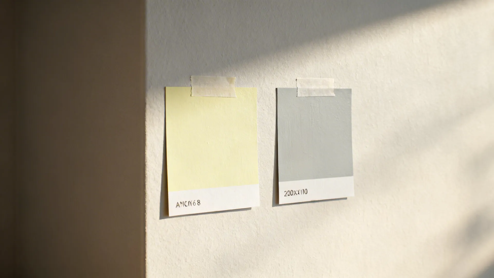 Macro view of paint swatches on wall showing pale butter and gray under different light