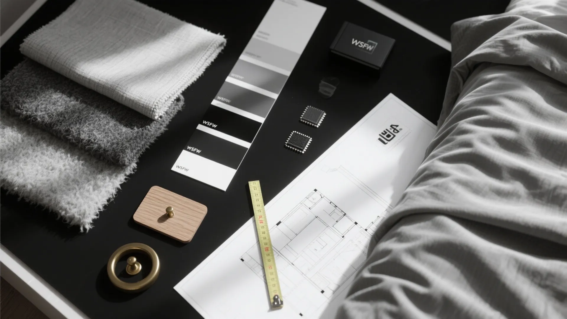 Interior design drawing with fabric samples and color swatches on a black table with tools