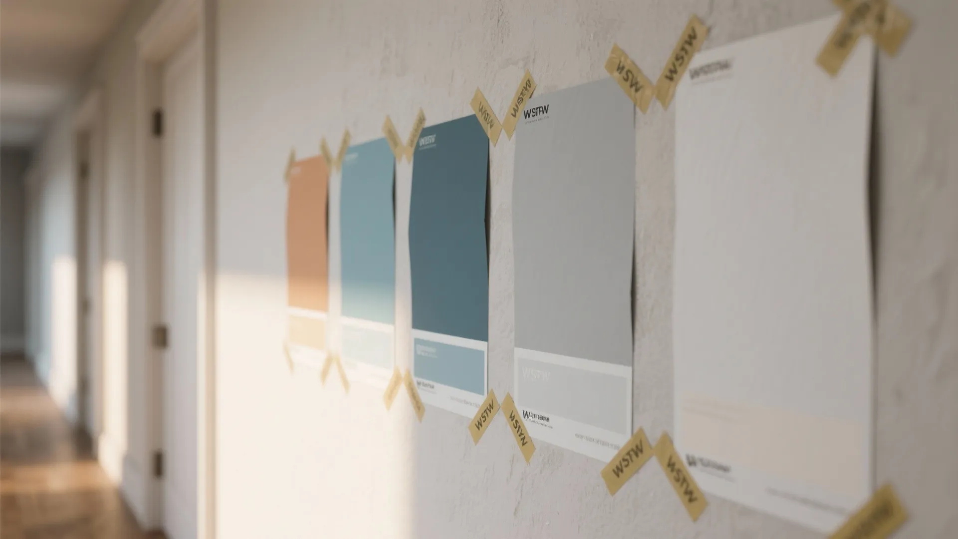 Various colorful paint swatches taped to a white wall in a bright home hallway interior