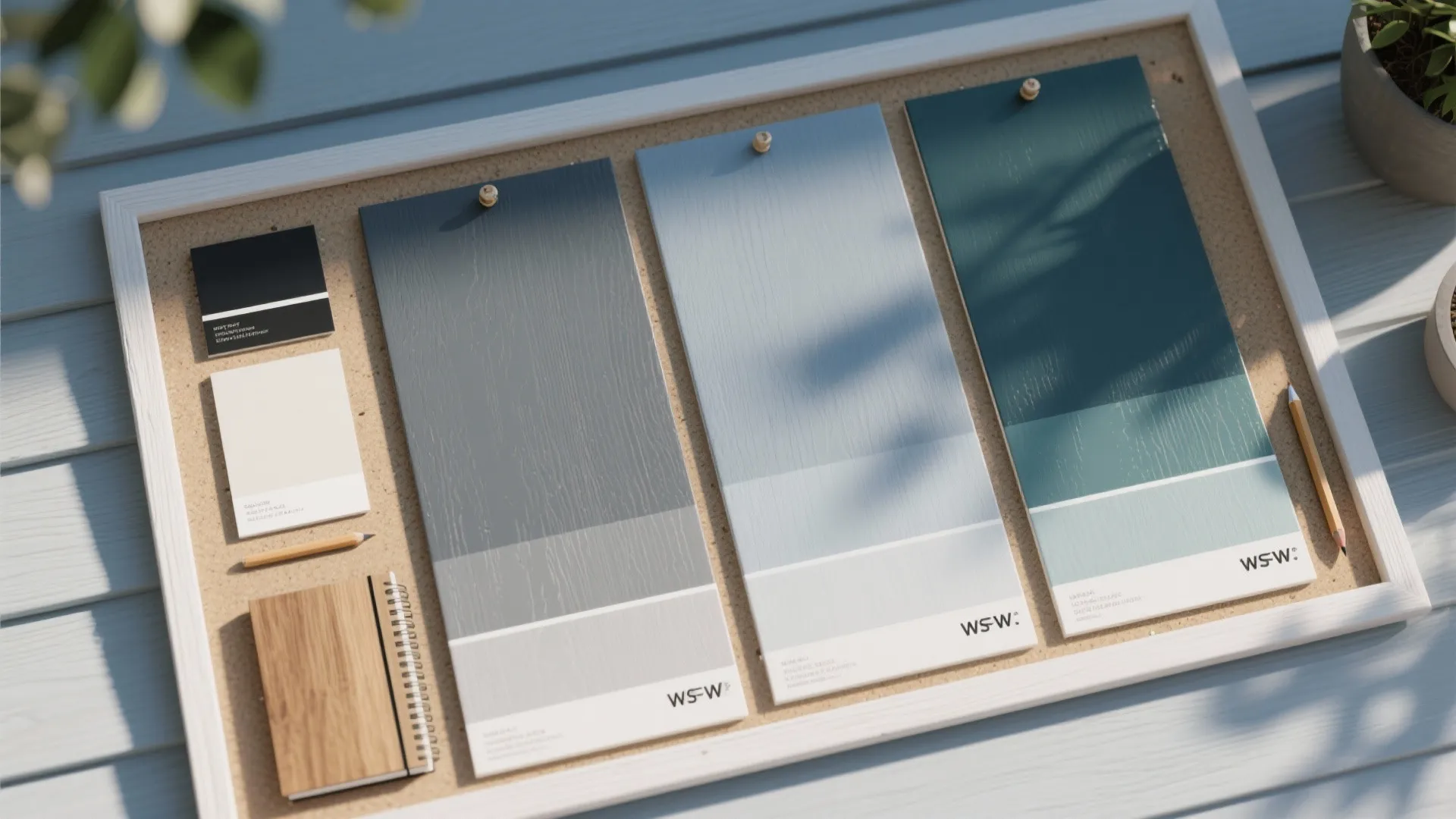 Corkboard with three blue and green paint swatches a small notebook and a wooden pencil