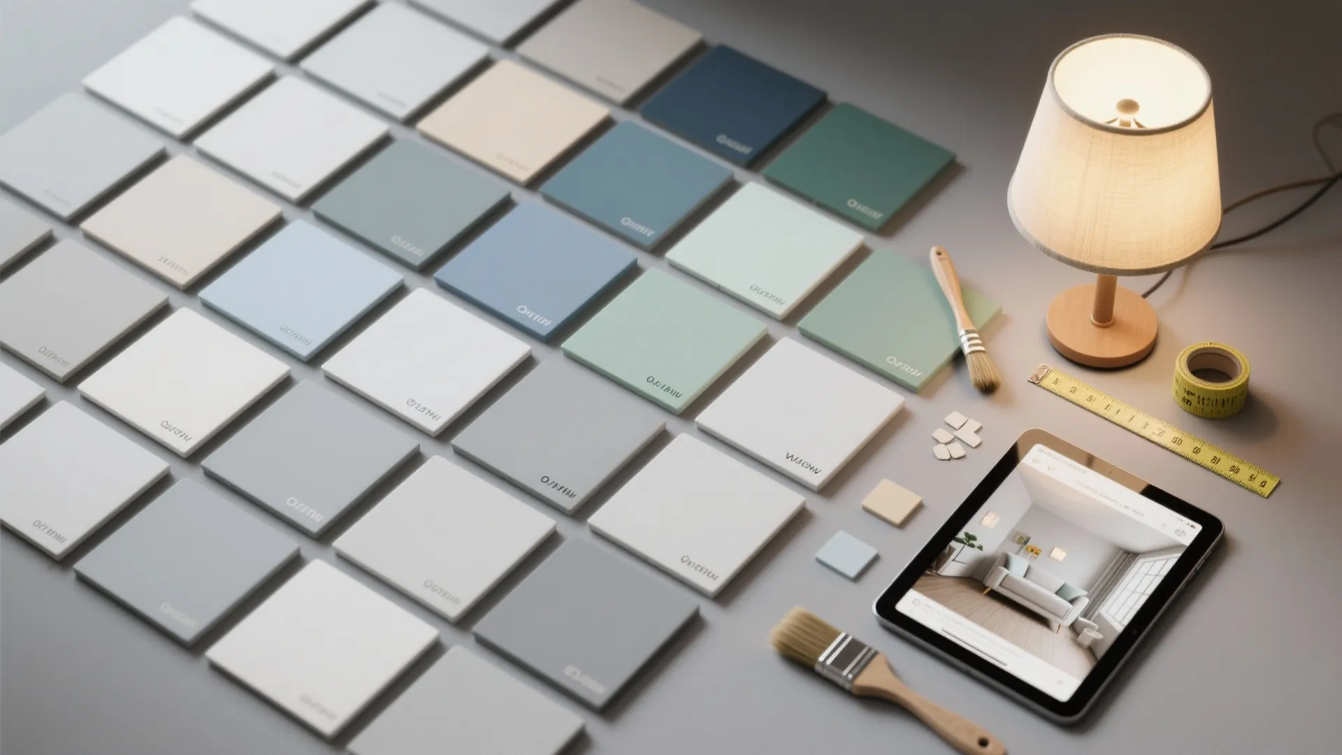 Color swatches on table with lamp brush tape measure and tablet showing a room layout