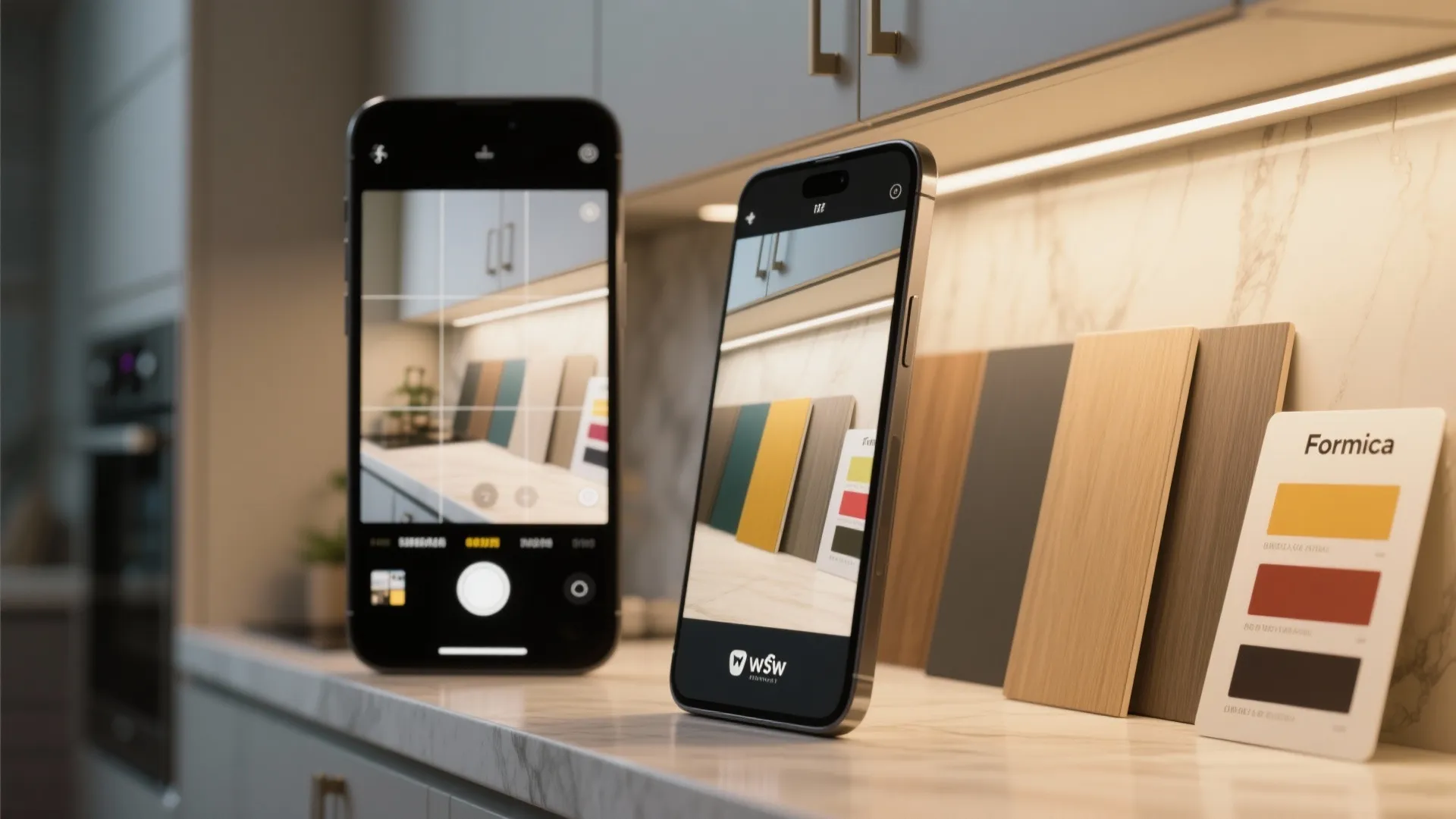 Phone photo of Formica swatches next to cabinet samples under kitchen lighting to test undertones.