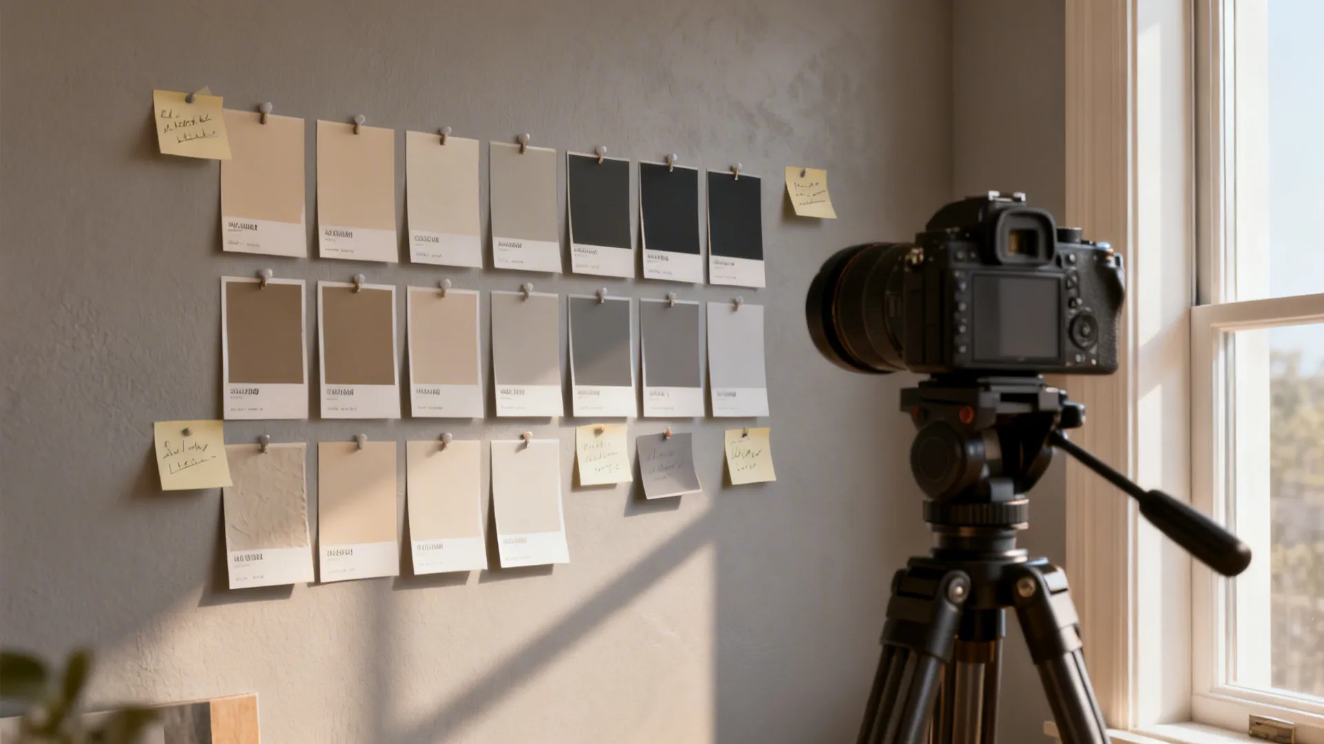 Paint sample cards on a wall being photographed under soft natural daylight to test grey undertones.