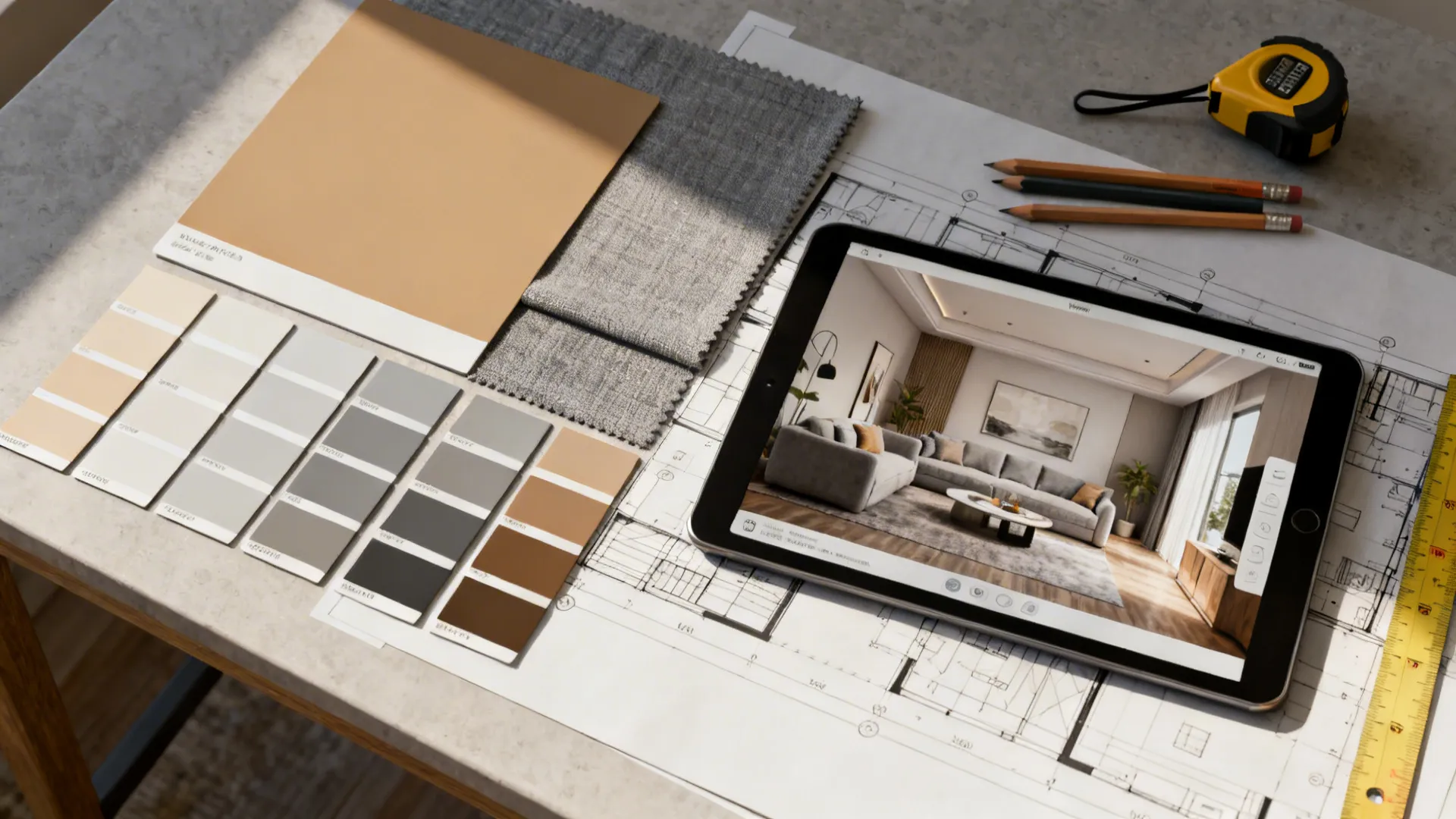 Top-down moodboard with tan and gray fabric samples and a tablet room-planner.