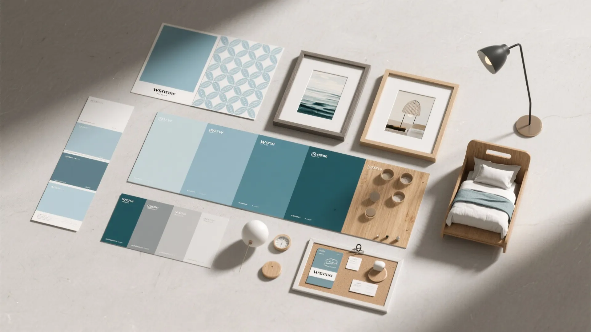 Flatlay of paint swatches, wallpaper samples and small art mockups for testing colors and textures in a small bedroom.