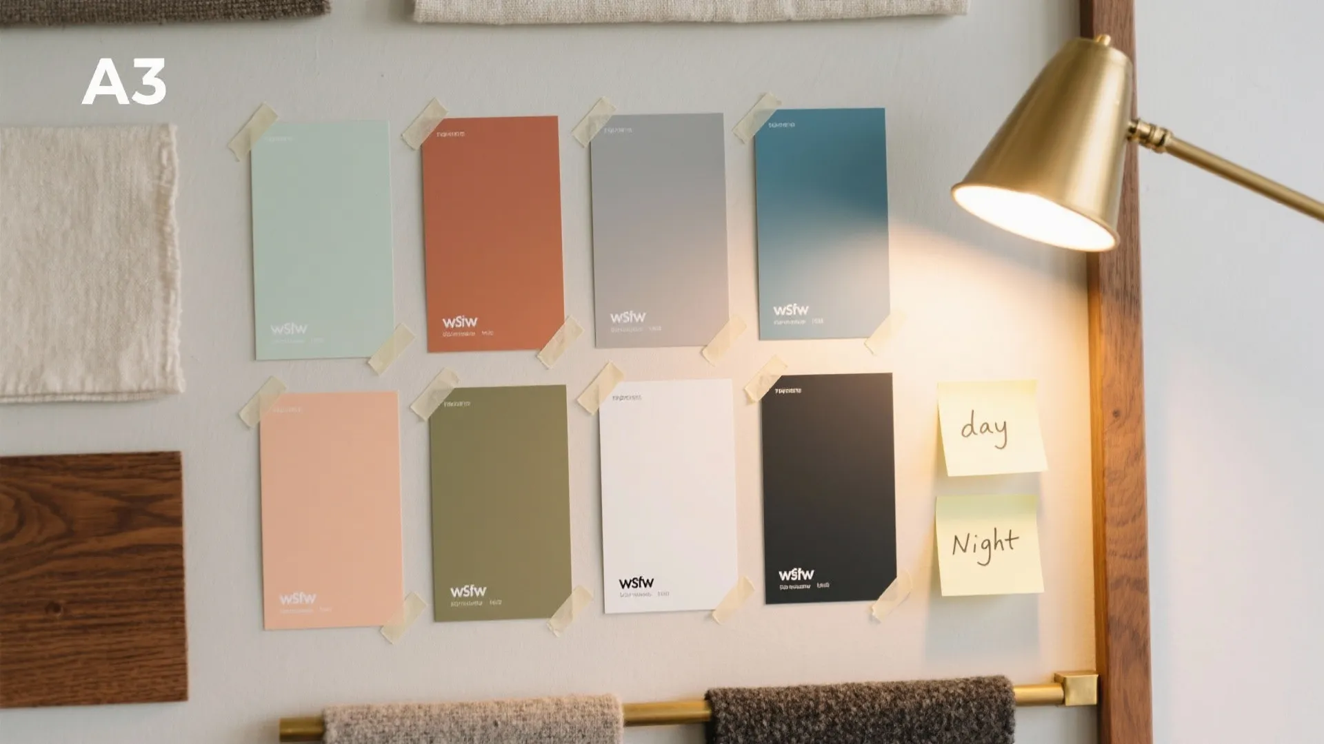 Mood board with colorful paint swatches on a white wall under a warm gold light