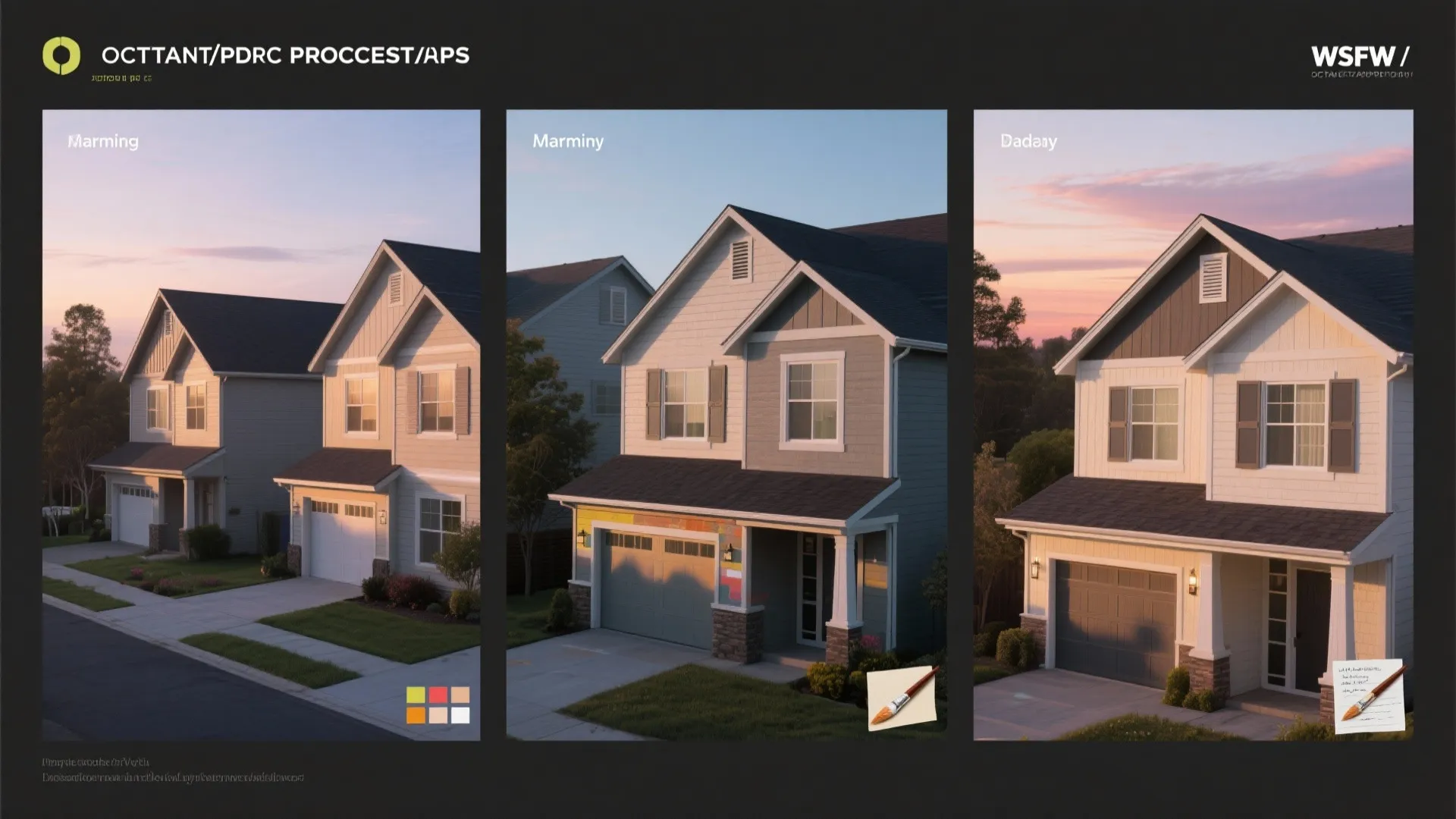 Comparison of three house exterior color schemes with small paint color boxes and brush icons