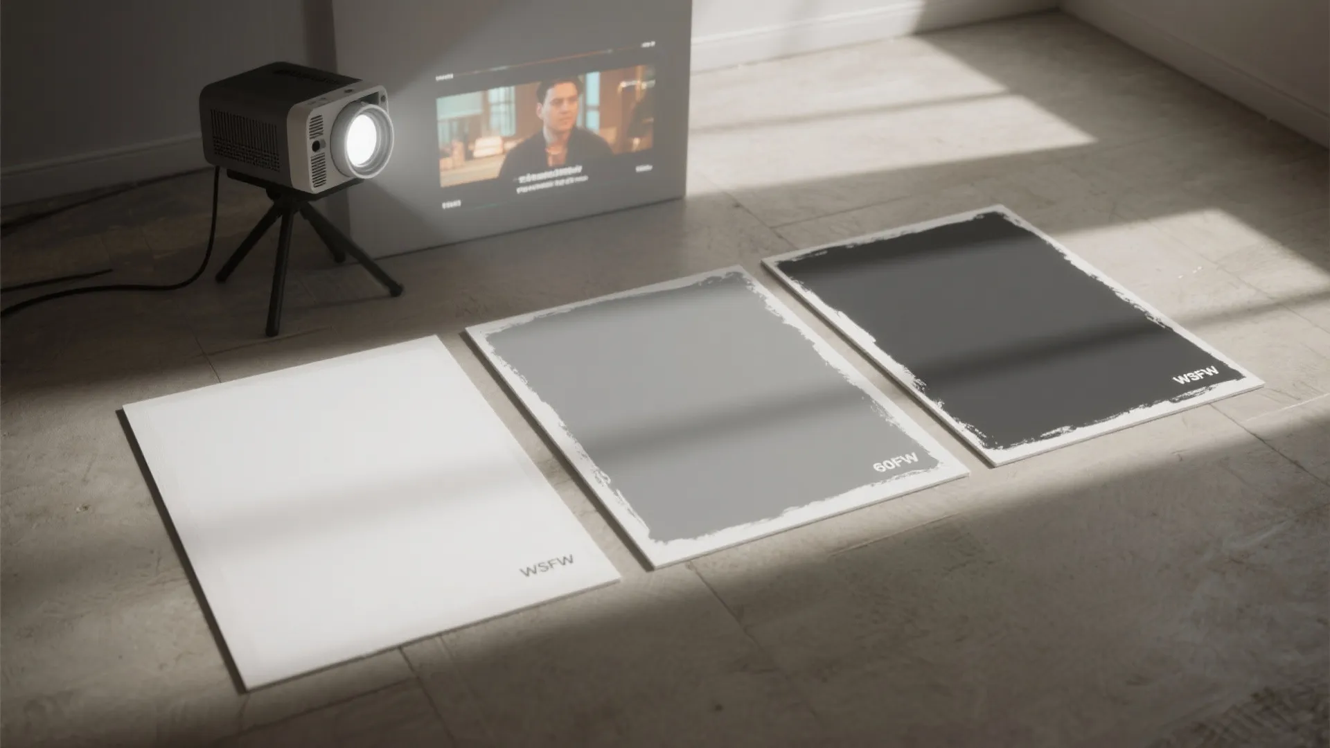 Small projector displaying a person on a white wall with three different color material samples