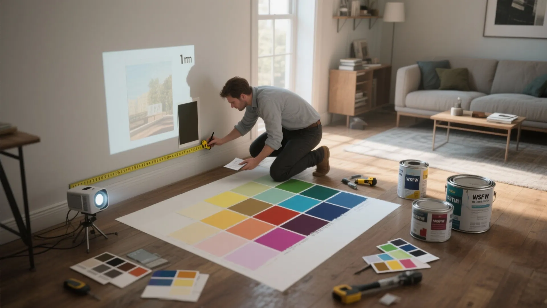 Man measuring wall with yellow tape while using a projector and various colorful paint samples