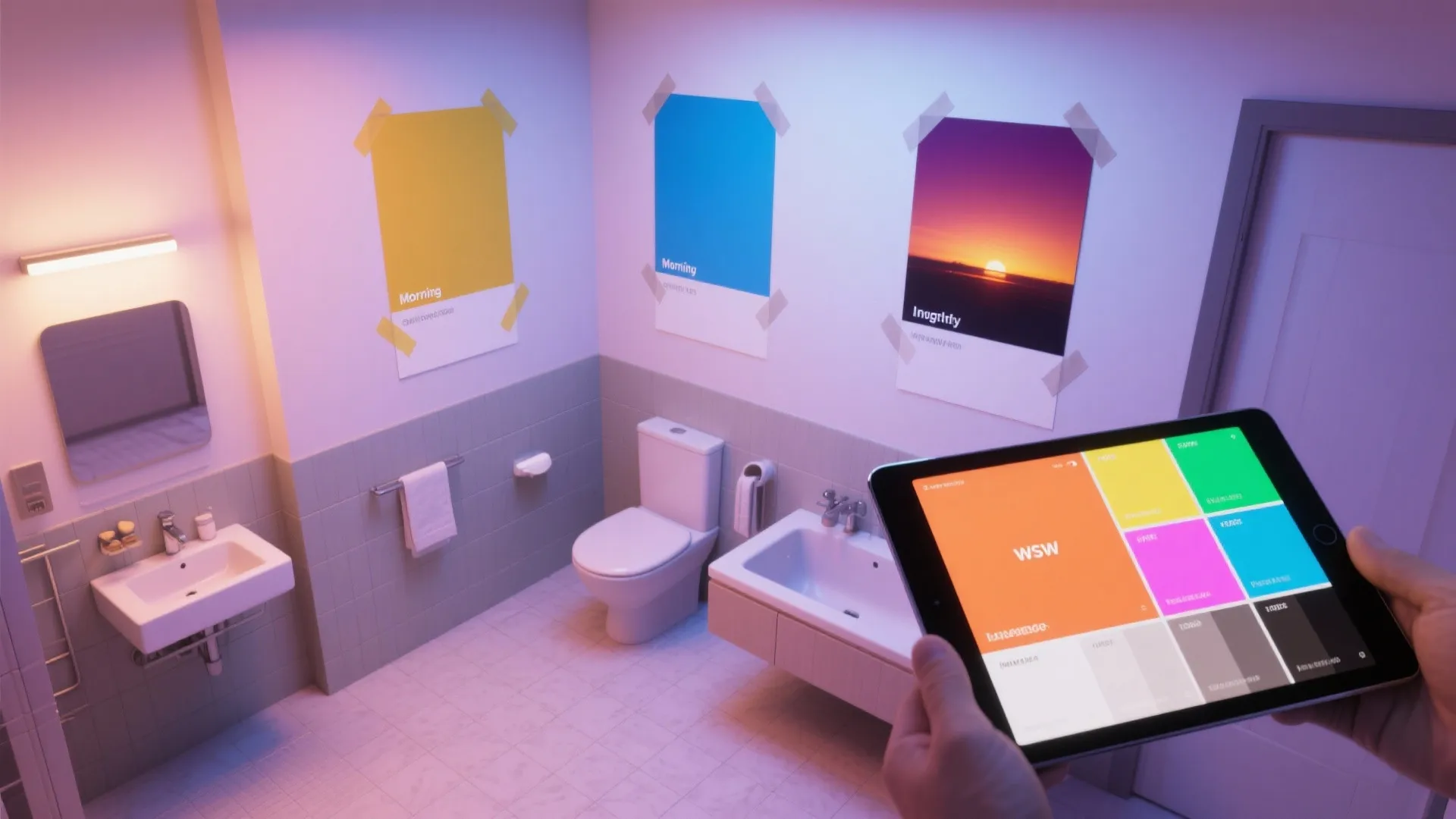 Top-down view of bathroom walls with large paint swatches tested under different lighting times
